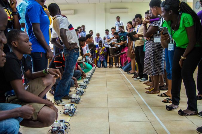 Photo: Innovators line up their robots for their second challenge.